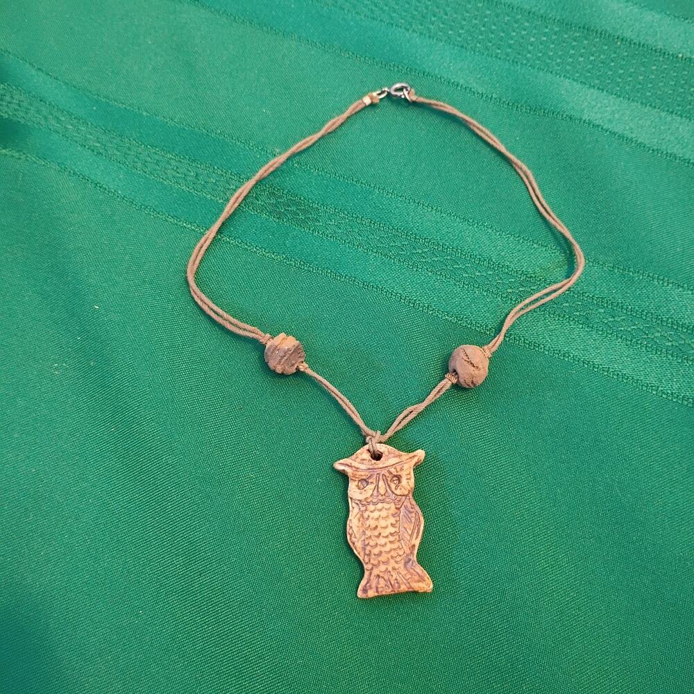 Rustic Carved Owl Bird Charm Pendant Necklace Brown Earthy Bead Cord OOAK